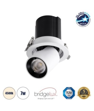 GLOBOSTAR® VIRGO-S 60302 Χωνευτό Κινούμενο Downlight Σποτ LED 7W 910lm 36° AC 220-240V IP20 Φυσικό Λευκό 4500K - Bridgelux COB Chip & TÜV SÜD Driver - Λευκό & Μαύρο Ματ - Μ9 x Π9 x Υ9cm - Q7.8cm - 5 Χρόνια Εγγύηση